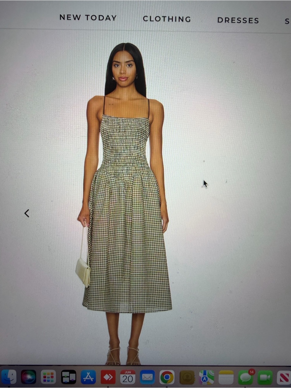 Smocked Gingham Midi Dress in Black & White